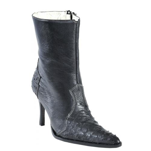 Los Altos Ladies Black Genuine Ostrich Short Top Boots With Zipper 360305
